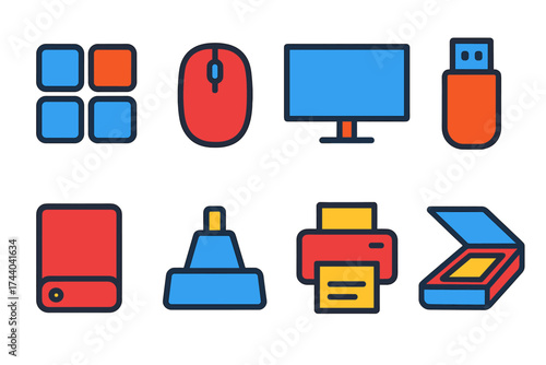 Modern Peripheral Icons. Flat vector icons of peripherals: keyboard keys, optical mouse, widescreen monitor, USB flash drive,
