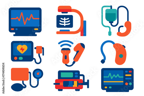 Modern Medical Icons. Flat vector icons of medical hardware: ECG monitor, X-ray scanner, infusion pump, defibrillator, ultrasound