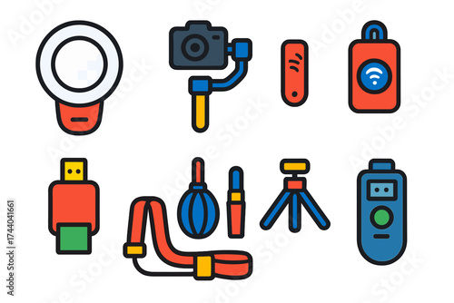 Photography Gadgets Icons. Flat vector icons of photography gadgets: clip-on ring light, camera gimbal, remote shutter, memory
