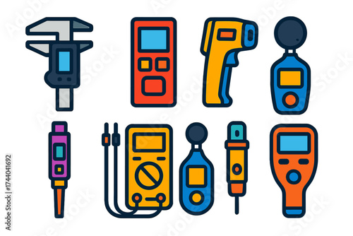 Vibrant Measurement Icons. Flat vector icons of measurement gadgets: digital caliper, laser distance meter, infrared thermometer,
