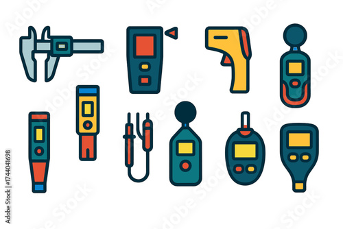 Vibrant Measurement Icons. Flat vector icons of measurement gadgets: digital caliper, laser distance meter, infrared thermometer,
