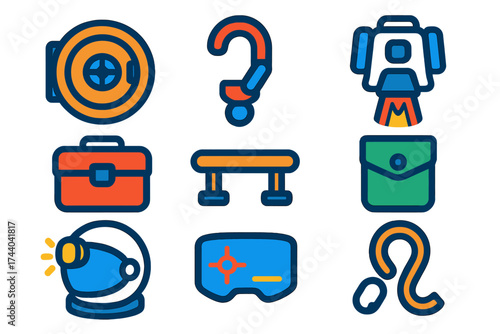 Astronaut Gear Icons. Flat vector icons of EVA operations: airlock hatch, tether clamp, jetpack thruster, tool bag, handrail,