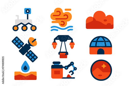Martian Exploration Icons. Flat vector icons of Martian exploration: Mars rover, dust storm icon, Martian terrain, orbital
