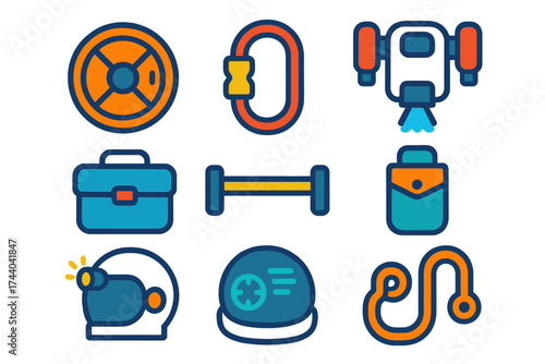 Astronaut Gear Icons. Flat vector icons of EVA operations: airlock hatch, tether clamp, jetpack thruster, tool bag, handrail,
