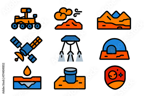 Martian Exploration Icons. Flat vector icons of Martian exploration: Mars rover, dust storm icon, Martian terrain, orbital