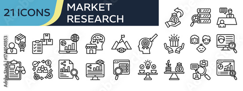 Collection of Market Research icons, related to ROI, Data Analysis, Web Analytics, Market Intelligence, Observation and more. Outline icons vector illustation.