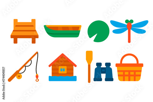 Lake Retreat Icons. Flat vector icons of lake retreat: wooden dock, rowboat, lily pad, dragonfly, fishing rod, lake house, paddle,
