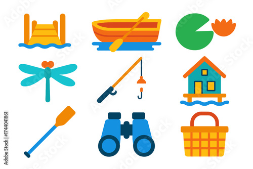 Lake Retreat Icons. Flat vector icons of lake retreat: wooden dock, rowboat, lily pad, dragonfly, fishing rod, lake house, paddle,