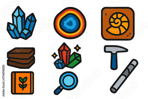 Geology Icon Set. Flat vector icons of geology finds: quartz crystal, geode slice, fossil imprint, shale layer, gemstone cluster,