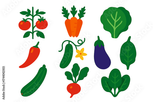 Vibrant Vegetable Icons. Flat vector icons of vegetable garden: tomato plant, carrot bunch, lettuce leaf, pepper pod, cucumber