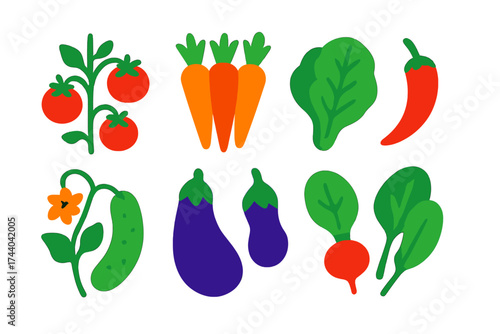 Vibrant Vegetable Icons. Flat vector icons of vegetable garden: tomato plant, carrot bunch, lettuce leaf, pepper pod, cucumber