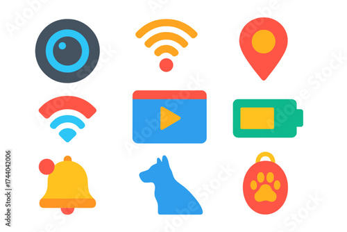 Pet Tech Icons. Flat vector icons of pet cameras and trackers: camera lens, Wi-Fi waves, GPS pin, motion sensor, live feed screen,