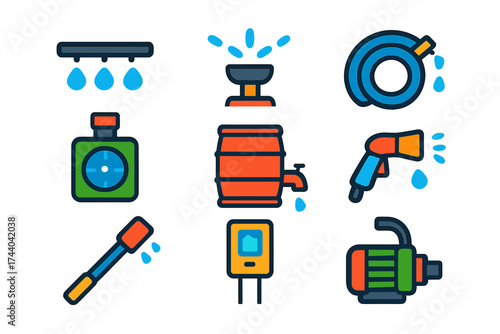 Watering System Icons. Flat vector icons of watering systems: drip line, sprinkler head, soaker hose, irrigation timer, rain