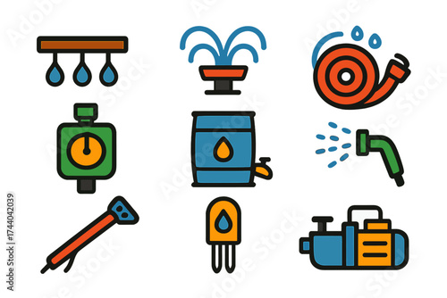 Watering System Icons. Flat vector icons of watering systems: drip line, sprinkler head, soaker hose, irrigation timer, rain