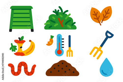 Composting Icon Set. Flat vector icons of composting: compost bin, green waste pile, brown leaves, kitchen scraps, compost