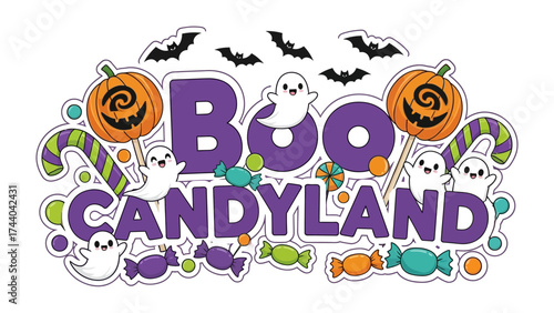 Spooky Candyland: A whimsical illustration of a Halloween-themed Candyland sign, filled with ghosts, bats, candy, and festive pumpkins that will make your party wonderful.