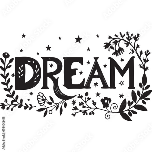 Whimsical dream floral design isolated on white background, showcasing intricate botanical details and a magical, handlettered typography