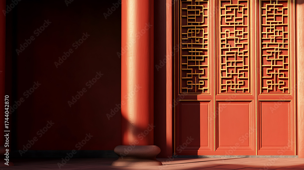 Fototapeta premium Architectural detail of an Asian-inspired building featuring red pillars and a door with geometric latticework, bathed in warm sunlight and shadows.