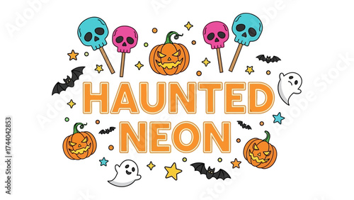 Neon Halloween Illustration: A vibrant digital illustration embodies the festive spirit of Halloween. Filled with playful elements, including grinning pumpkins, whimsical ghosts.