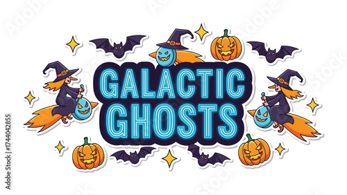Galactic Ghosts: A whimsical illustration of Halloween decorations, perfect for the spooky season, featuring pumpkins, bats, and witches ready to spook. 