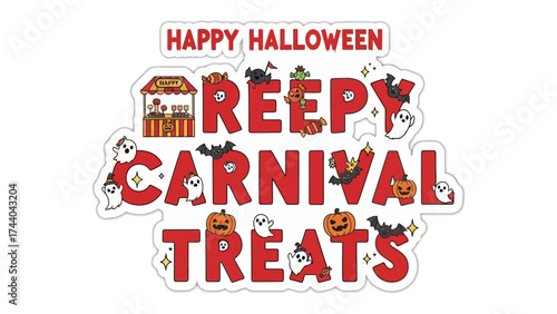 Spooky Carnival Delights: A whimsical and inviting design showcases the spirit of Halloween with cheerful lettering and playful illustrations, capturing the magic of a spooky carnival.