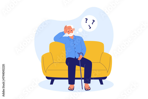 Illustration of Alzheimer's People and Geriatric Confusion. Elderly Man Experiencing Confusion and Mental Difficulty