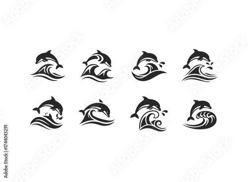 Set of Stylized Dolphin and Wave Icons.