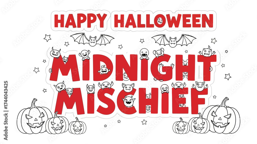 Fototapeta premium Spooky Halloween Scene: A lively graphic illustration showcases a festive Happy Halloween theme, complete with bats, pumpkins, and a call to Midnight Mischief - all in a playful and eerie design.