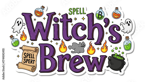 Enchanting Witch's Brew Illustration: a whimsical cartoon featuring spell elements, evoking magical atmosphere with colorful design.