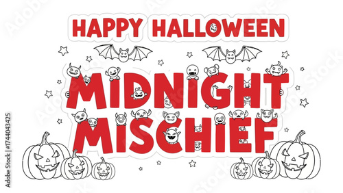 Spooky Halloween Scene: A lively graphic illustration showcases a festive Happy Halloween theme, complete with bats, pumpkins, and a call to Midnight Mischief - all in a playful and eerie design.