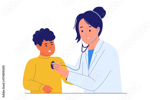 Illustration of Pediatrician and Child Checkup. Doctor Examining a Young Boy with a Stethoscope for General Health