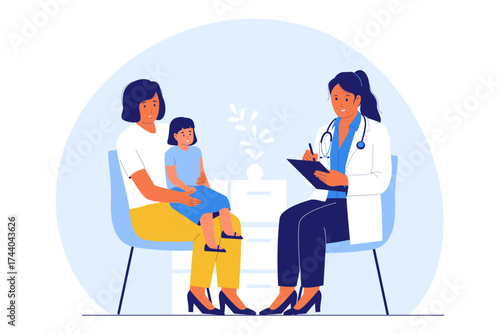 Illustration of Consultation with a Pediatrician. Doctor Talking to a Mother and Child in a Clinic for Health Advice