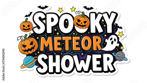 Spooky Meteor Shower Celebration: Spooky Meteor Shower celebration with ghost, pumpkins, bat and planet with stars, perfect for Halloween season. 