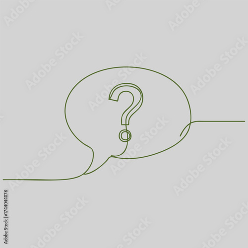 Minimalist line art with speech bubbles and a central question mark symbol on a light gray