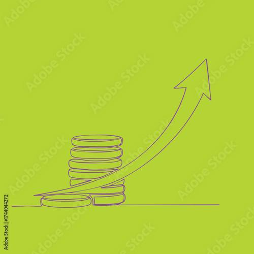 Stacked coins with an upward arrow symbolizing financial growth and economic success in a minimalistic line art style