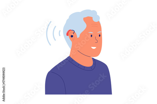 Illustration of Hearing Aids and Hearing Loss. Senior Man Successfully Using a Device to Improve Auditory Health