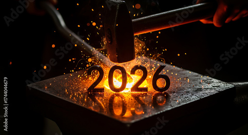 Fiery 2026 year engraved on metal with sparks flying abstract