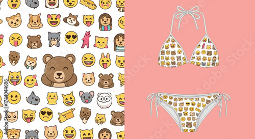 Cartoon emoji pattern and a bikini with the same pattern against a pink background on the right side