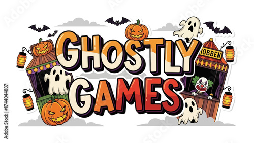 Spooky Celebration: A festive emblem proclaims Ghostly Games amidst a delightful array of halloween characters, pumpkins, and lanterns, promising a night of ghostly delights.