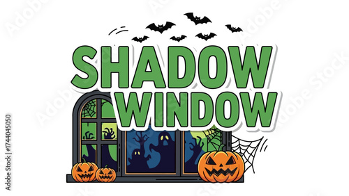 Shadow Window: A captivating Halloween-themed illustration showcases a spooky window scene adorned with pumpkins, bats, and ominous shadows, celebrating the spirit of fright and fun.
