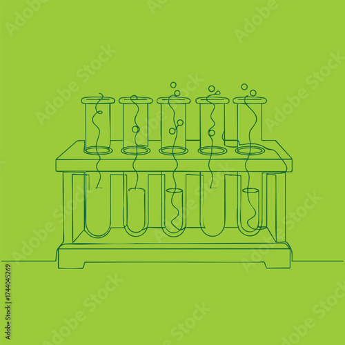 Line Art of Laboratory Test Tubes and Stand on Bright Green
