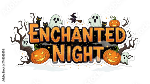 Enchanted Night: Embrace the eerie charm of Halloween night with playful ghosts, grinning pumpkins, a witch and her cauldron under the moon and stars.