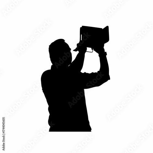 Silhouette of a photo editor retouching a portrait with a graphic tablet isolated on white background