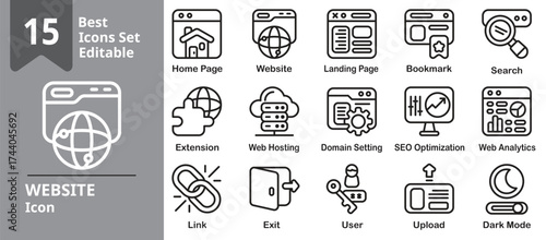 Website icons set. Contains user interfaces, coding, SEO, analytics, hosting, and online content. Editable outline vector illustration.