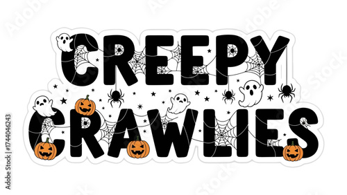 Creepy Crawlies Delight: A fun Halloween-themed illustration features spooky elements like ghosts, pumpkins, and spider webs, creating a playful and eerie atmosphere.