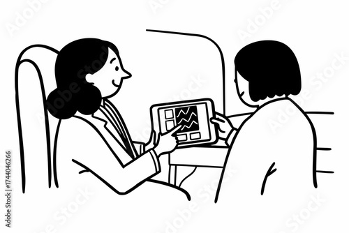 Doctor showing to older woman patient diagnostics result on tablet