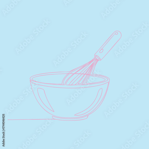 Minimalist line drawing of a mixing bowl with a whisk inside, set against a pastel blue for culinary or kitchen-themed design