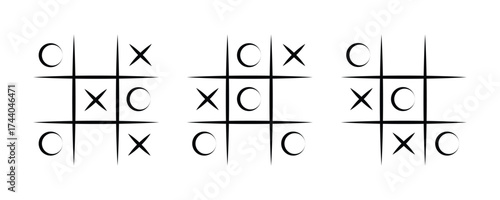  Tic tac toe game icon set vector on white background. strategy, mark, cross, circle, competition, leisure, fun, childhood, board, grid, symbol.