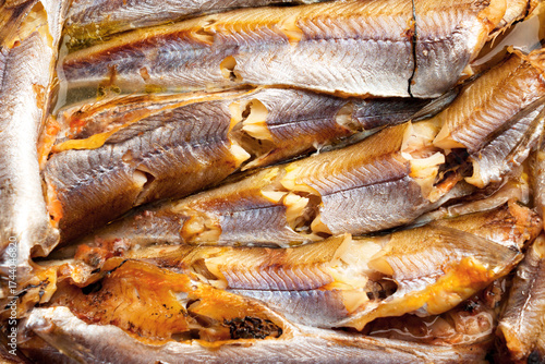 Fried blue whiting fish. Traditionally prepared seafood. 