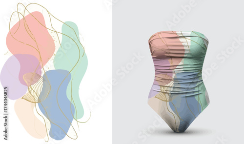 Abstract pastel blobs with gold lines and a swimsuit with the same pattern on a white background